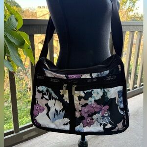 Lesportsac Black Purple White Floral Expandable Shoulder Bag